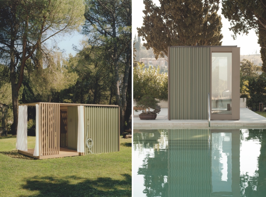 alt "materialiedesign-arredo-sauna-outdoor-effe-cabanon-garden"