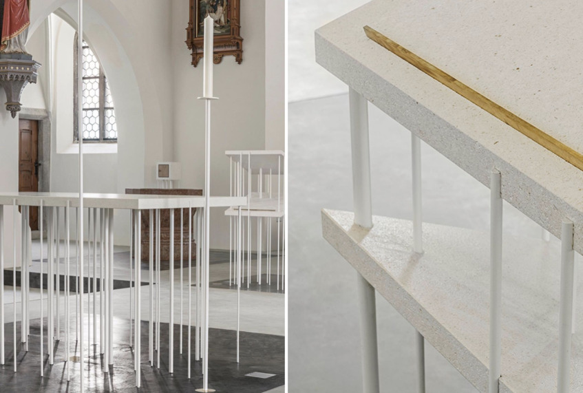 alt: "materialiedesign-neogotico-minimal-restauro-chiesa-architetto-Walter-Kräutler-dettaglio-altare-moderno-artista-Sofie-Thor"