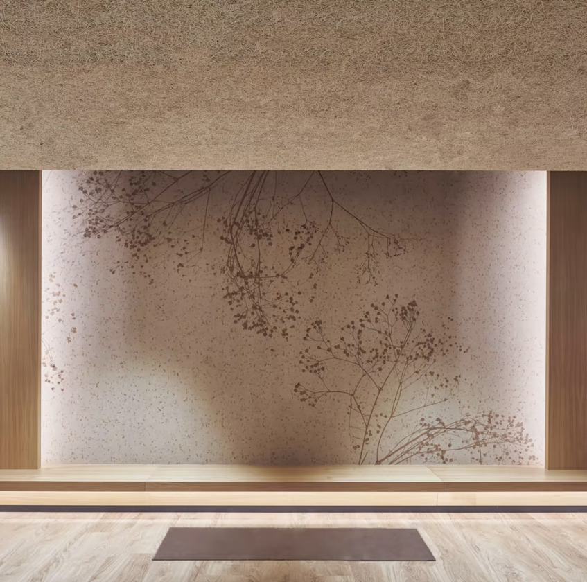 alt: "materialiedesign-glamora-wallcovering-GlamPure-ecocompatibile-organico-sostenibile-CBD Spa-SchlossHotel-Zermatt-aledolci-studio-interior-design-sala-yoga"