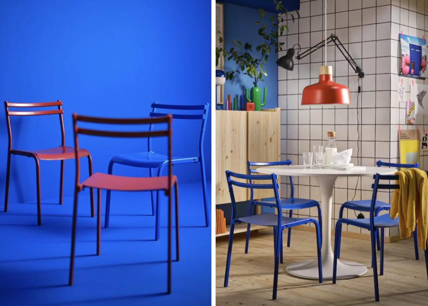 alt: "materialiedesign-primary-play-tendenza-colori-_sedia_ikea_blu_elettrico_metallo_GENESÖN"