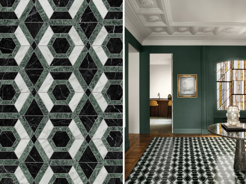 alt: "materialiedesign-marmo-collezione-fuksas-news-bisazza-verde-imperiale-nero-marquina"